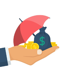 Protection money concept. Bag of coins under an umbrella hold in hand. Secure investment, insurance. Vector illustration flat design style. Shield to protect savings. Finance safety.