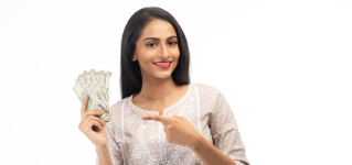 Attractive Indian Woman Pointing to Money, Against a White Background