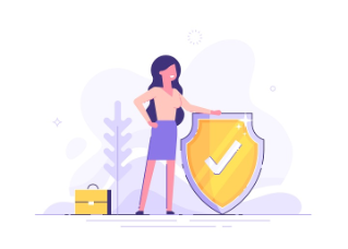 Woman is holding a shield covering from attacks. Protection, insurance,  from business  dangers concept. Modern vector illustration.