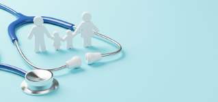 Top view of medical stethoscope and icon family on cyan background. Health care insurance concept. 3d rendering