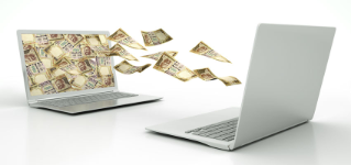 two 3D laptops transferring India money banknotes isolated on white background