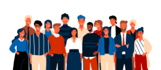 Group portrait of funny smiling office workers or clerks standing together. Team of cute cheerful male and female employees or colleagues. Colorful vector illustration in flat cartoon style.