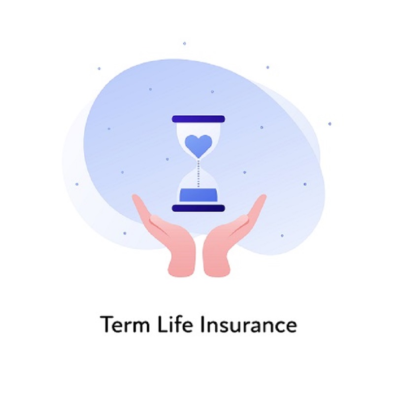 Vector flat insurance banner template illustration. Term life medical insurance concept. Hands holding sandglass with heart icon on white background. Business design element for poster, ui, web.