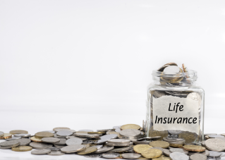 coins in jar with life insurance label in isolated white background; financial concept