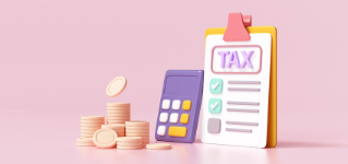 Tax payment and business tax concept. Coins, calculator and tax form on pink background. 3d render illustration