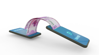 3D rendering of Indian rupee notes transferring from one phone to another. mobile money transaction concept. money coming out of mobile phone