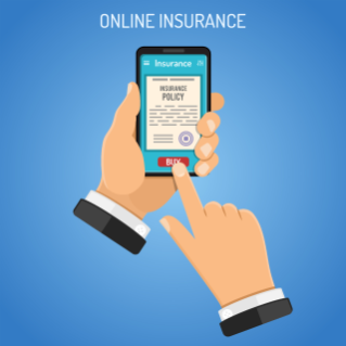 Concepts online insurance services. Man holding smart phone in hand and buying insurance policy. Flat style icons. Isolated vector illustration