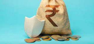 Bag with rupee symbol and protection shield. Concept security of money, guaranteed deposits. Client rights protection. Compensation for losses in inflation, safeguarded investment capital.