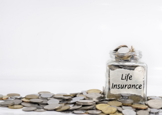 coins in jar with life insurance label in isolated white background; financial concept